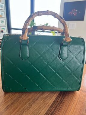 Green Leather Quilted Top-Bamboo Handle Women's Bag